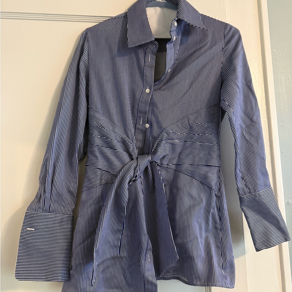 Victoria Beckham Blue & White Striped Tie-Front Button Down Shirt